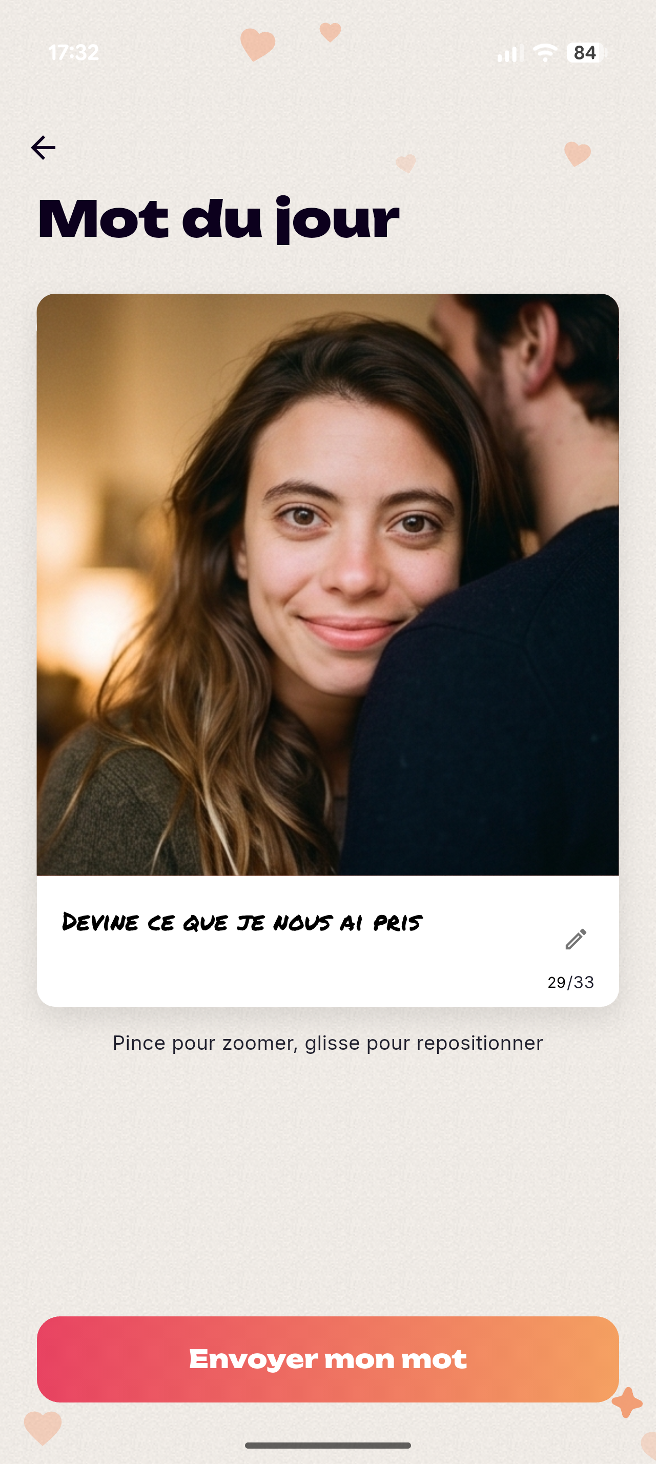 Écran « Mot du jour » de BillyDoo : composition d'un mot avec une photo du couple et la légende « Devine ce que je nous ai pris »